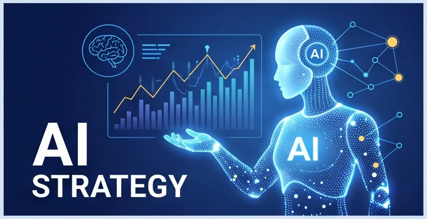 AI-designed trading strategy — a digital AI figure analyzing a rising price chart