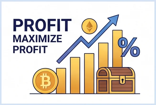 Profit tracking illustration — rising bar chart with balance and percentage return